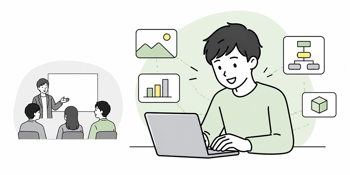 部門別AI研修の設計方法：共通研修から実務研修へ - 実務研修では「聞く」より「作る」時間を増やすの挿絵